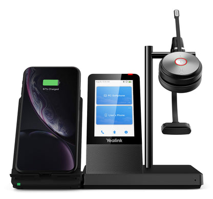 Yealink WH66-M-UC mono wireless headset on stand with iPhone charging dock