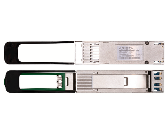 Silver arista adpt-o-q-100g3 osfp to 100g qsfp passive port adapter with black housing and green internal latch mechanism