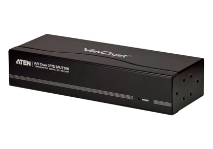 Black rectangular aten vs1204t cat5 vga audio splitter with silver text and trim for 300m extension in 1u rack