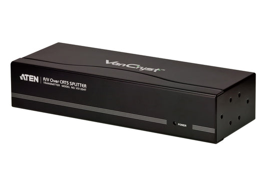 Black rectangular aten vs1204t cat5 vga audio splitter with silver text and trim for 300m extension in 1u rack