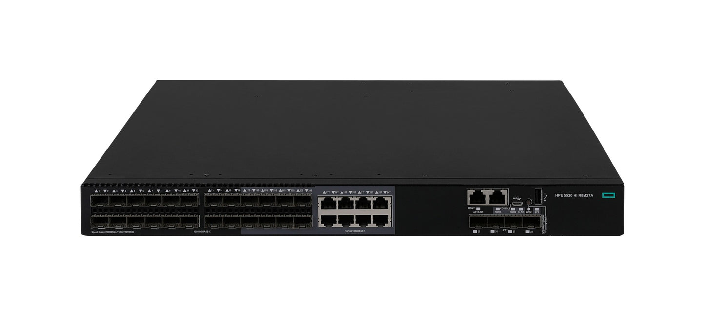 HPE R8M27A | 5520HI Series 24 SFP Ports, 4x10G/1G BASE-X SFP+ Uplinks, 1 Expansion Slot, 2 Fan Trays, 2 Power Supplies