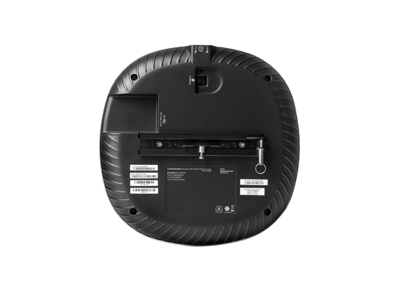 Black circular robot vacuum cleaner with textured ridged edges and central mounting bracket for efficient cleaning