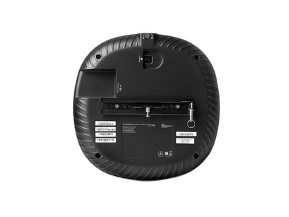 Black circular robot vacuum cleaner with textured ridged edges and central mounting bracket for efficient cleaning