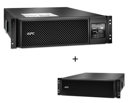 APC SRT5KRMXLI-EBM 5000VA UPS with black mesh front panels and digital display