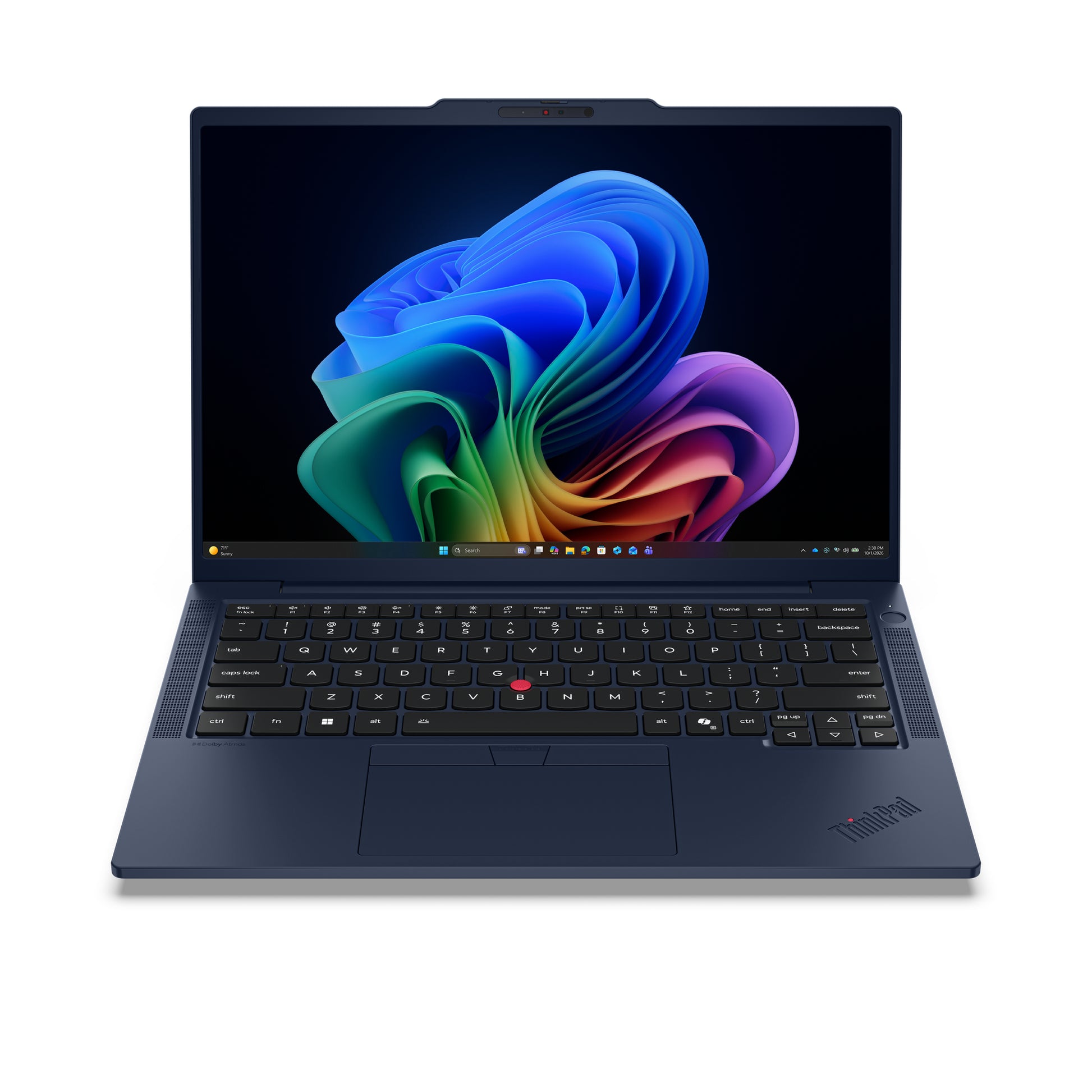 Dark blue lenovo thinkpad t14s gen 7 amd 14in laptop with sleek design and red trackpoint nub for professional use