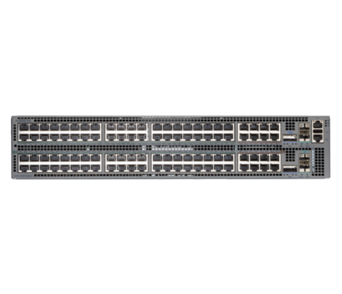 Gray metal back side of arista ccs-720xp-96zc2-m-s 720xp 96-port multi-gig poe switch with ethernet ports and ventilation grilles