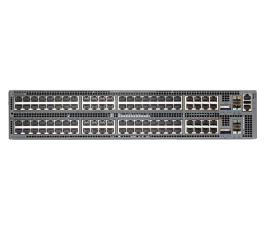 Gray metal back side of arista ccs-720xp-96zc2-m-s 720xp 96-port multi-gig poe switch with ethernet ports and ventilation grilles