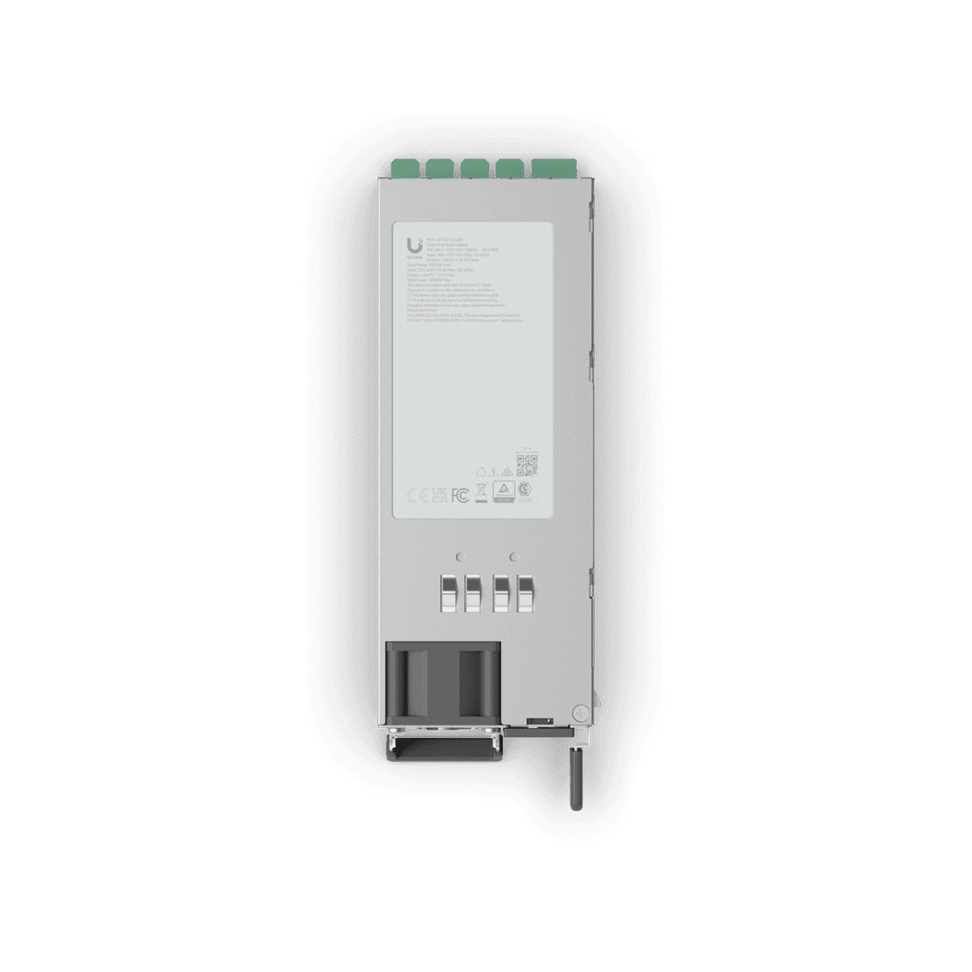 Silver metallic ubiquiti uacc-psu-54v-1200w server power supply unit with green terminal connectors and white logo label