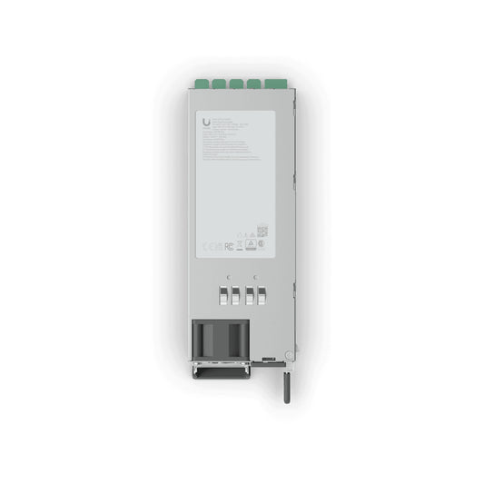 Silver metallic ubiquiti uacc-psu-54v-1200w server power supply unit with green terminal connectors and white logo label