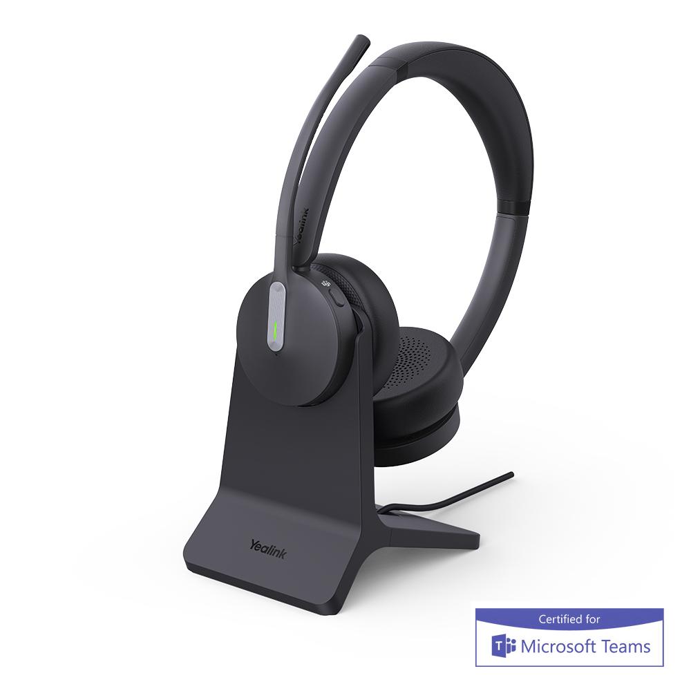 Yealink BH70 black wireless headset on charging stand, MS Teams certified