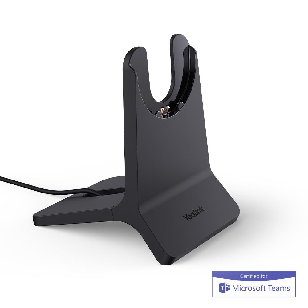 Black Yealink BH70 charging stand with U-shaped cradle and stable base
