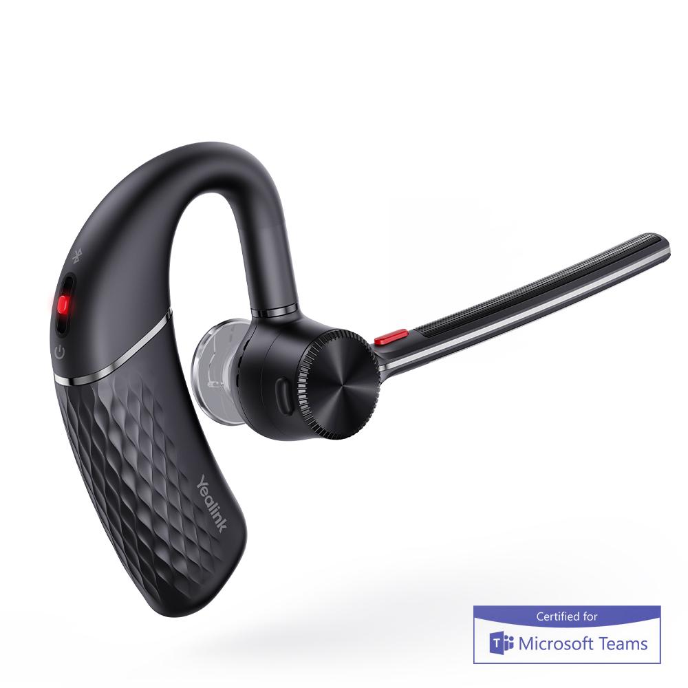 Yealink BH71 mono Bluetooth headset in black with textured grip and red buttons