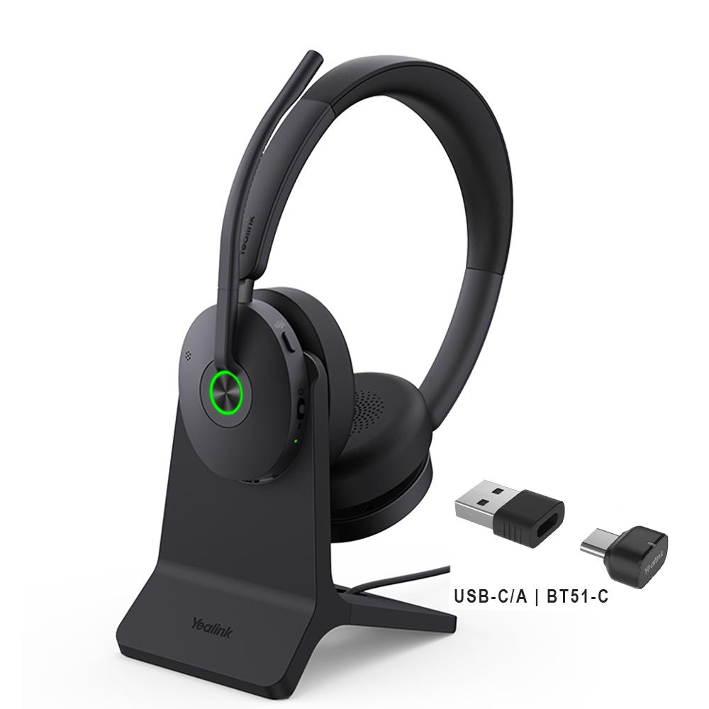 Yealink BH74 black BT51-C headset in charging stand with green power ring