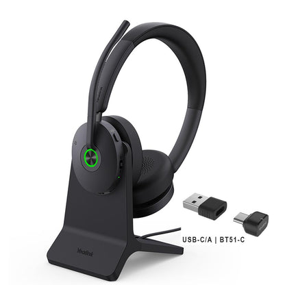 Yealink BH74 black BT51-C headset in charging stand with green power ring