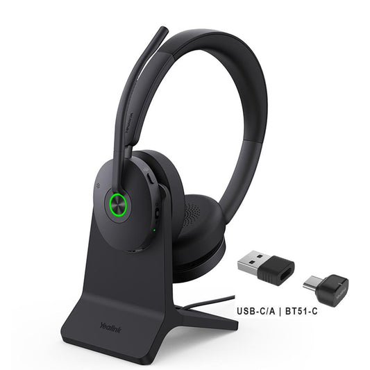 Yealink BH74 black BT51-C headset in charging stand with green power ring