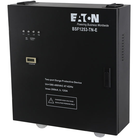 Black Eaton BSF1253-TN-E two-port surge protective device with digital counter and indicator lights for 3 phase surge filtering