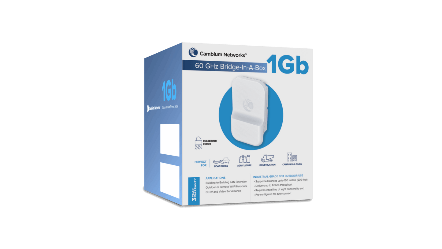 Cambium Networks cnWave 60GHz 1Gbps bridge-in-a-box in blue white box