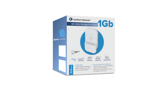 Cambium Networks cnWave 60GHz 1Gbps bridge-in-a-box in blue white box