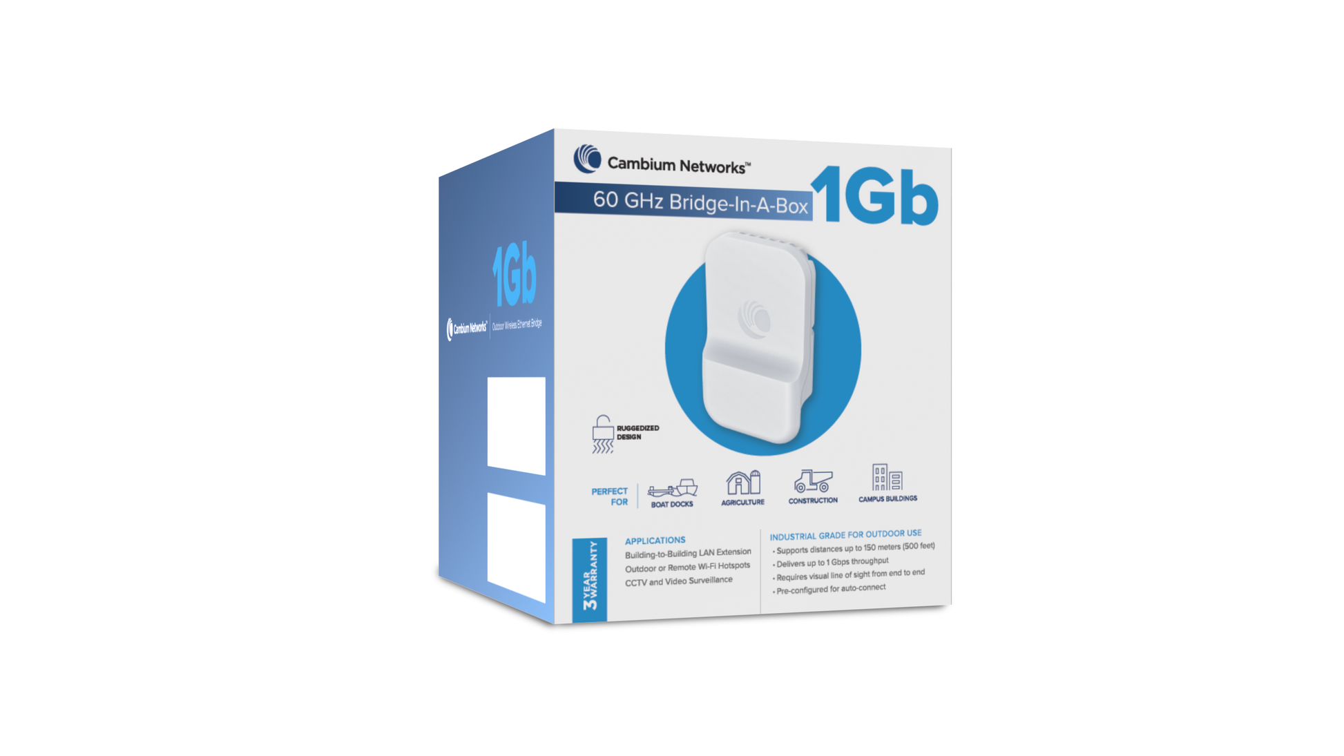 Cambium Networks cnWave 60GHz 1Gbps bridge-in-a-box in blue white box