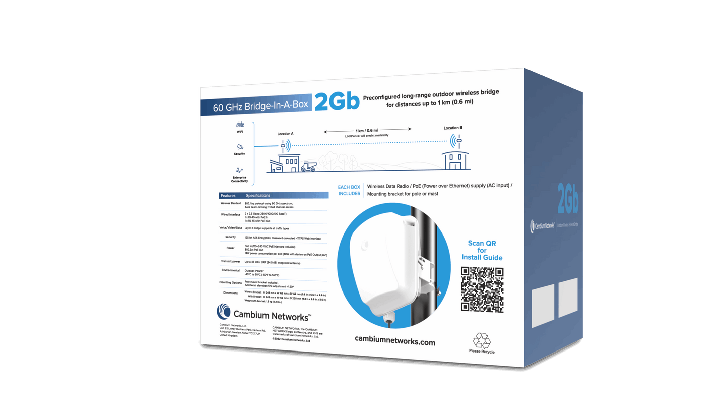 Cambium Networks cnWave 60GHz white bridge-in-a-box for long-range PTP