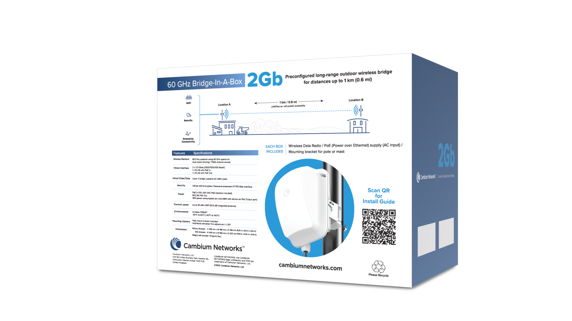 Cambium Networks cnWave 60GHz white bridge-in-a-box for long-range PTP