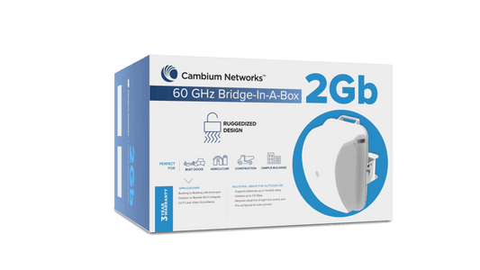 Cambium Networks cnWave 60GHz white bridge-in-a-box in blue packaging