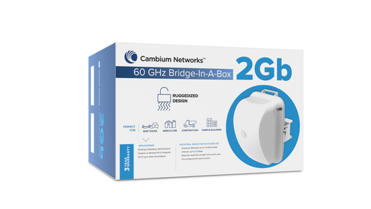 Cambium Networks cnWave 60GHz white bridge-in-a-box in blue packaging