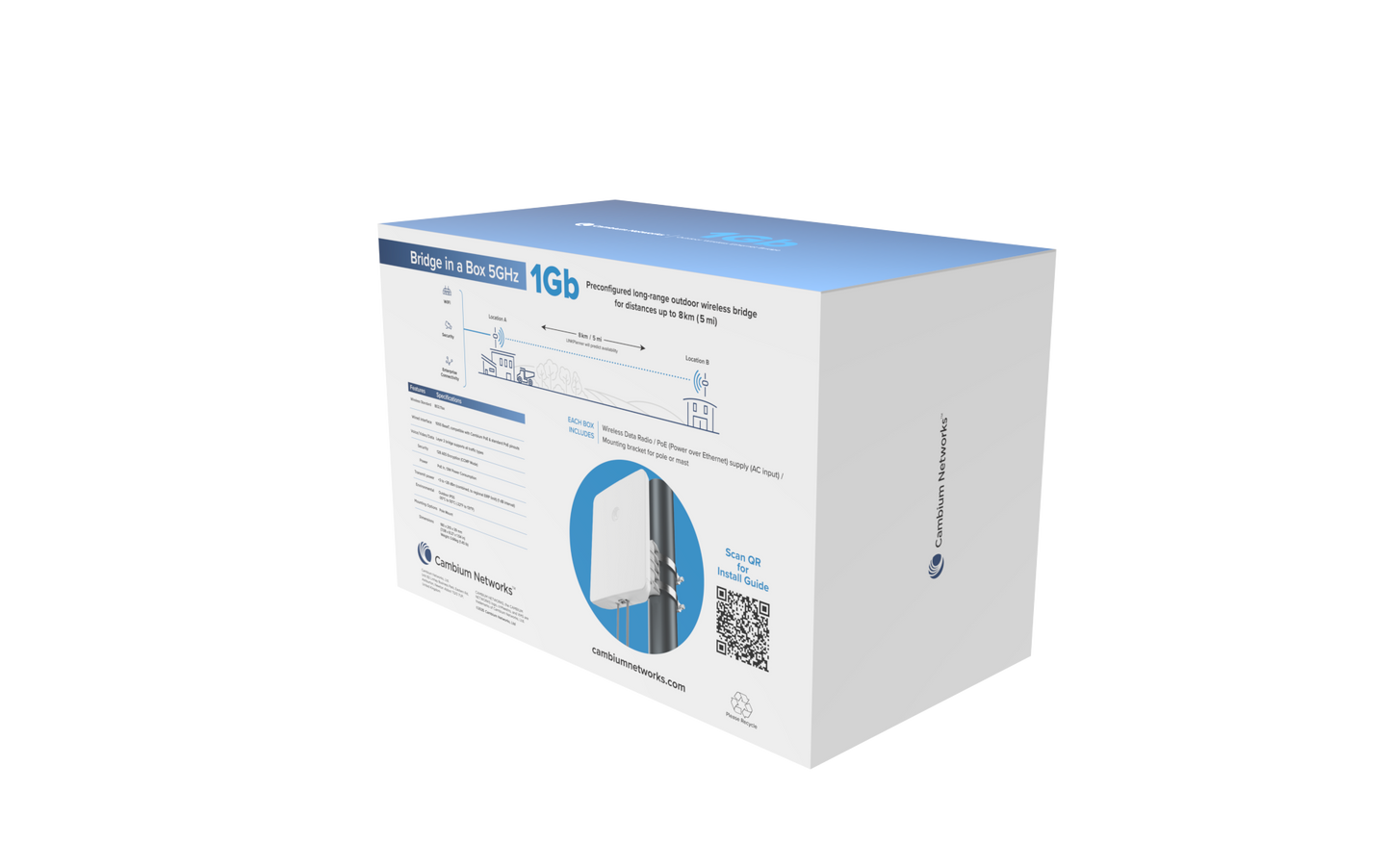 Cambium Networks ePMP Force 4518 5GHz bridge in a box, white blue packaging