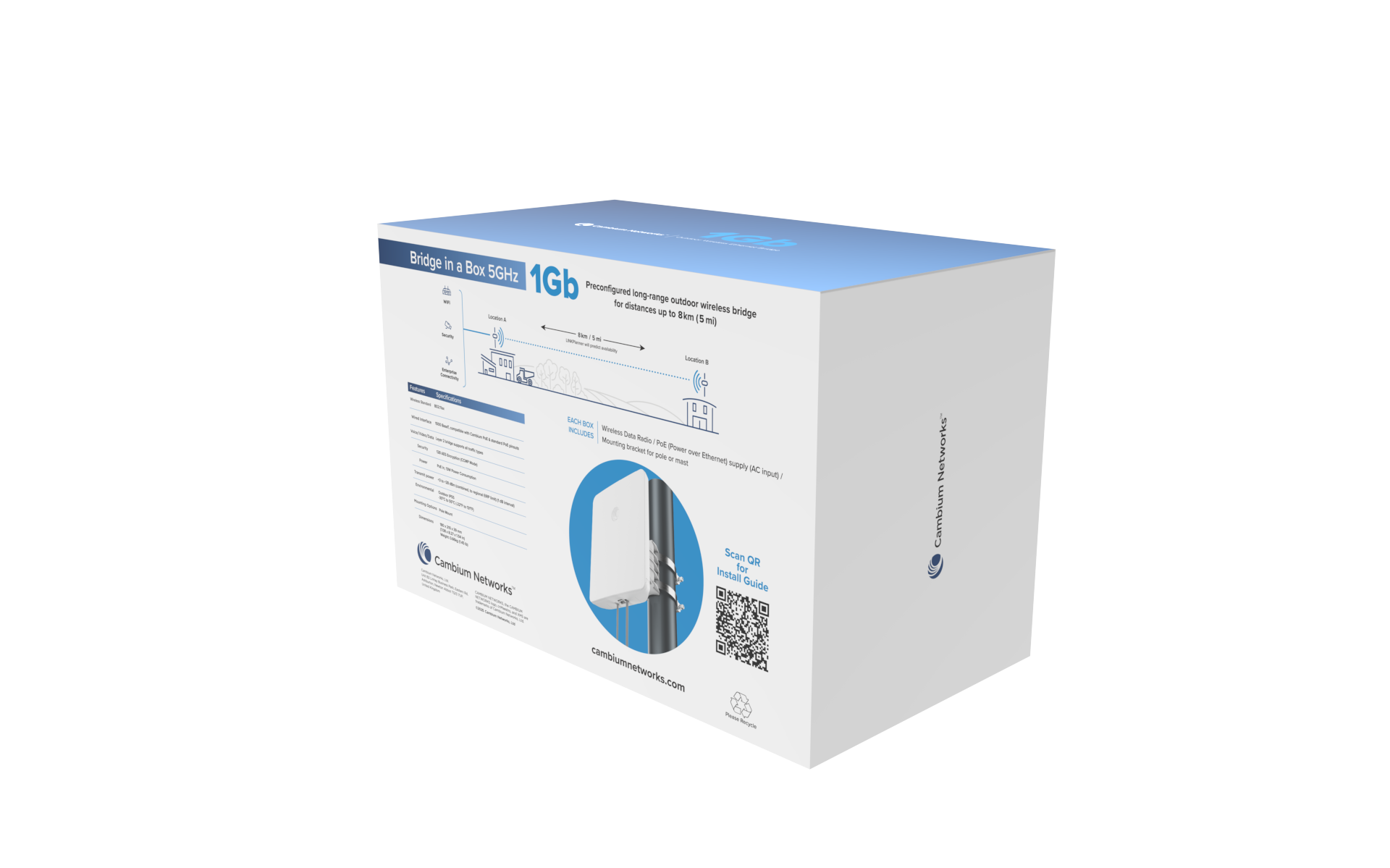 Cambium Networks ePMP Force 4518 5GHz bridge in a box, white blue packaging
