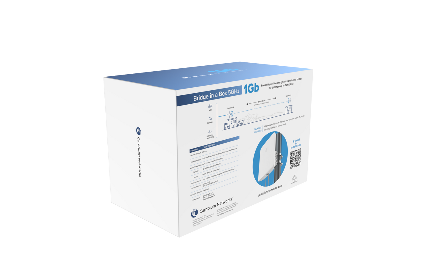 Cambium Networks ePMP Force 4518 5GHz Bridge in a Box white blue box