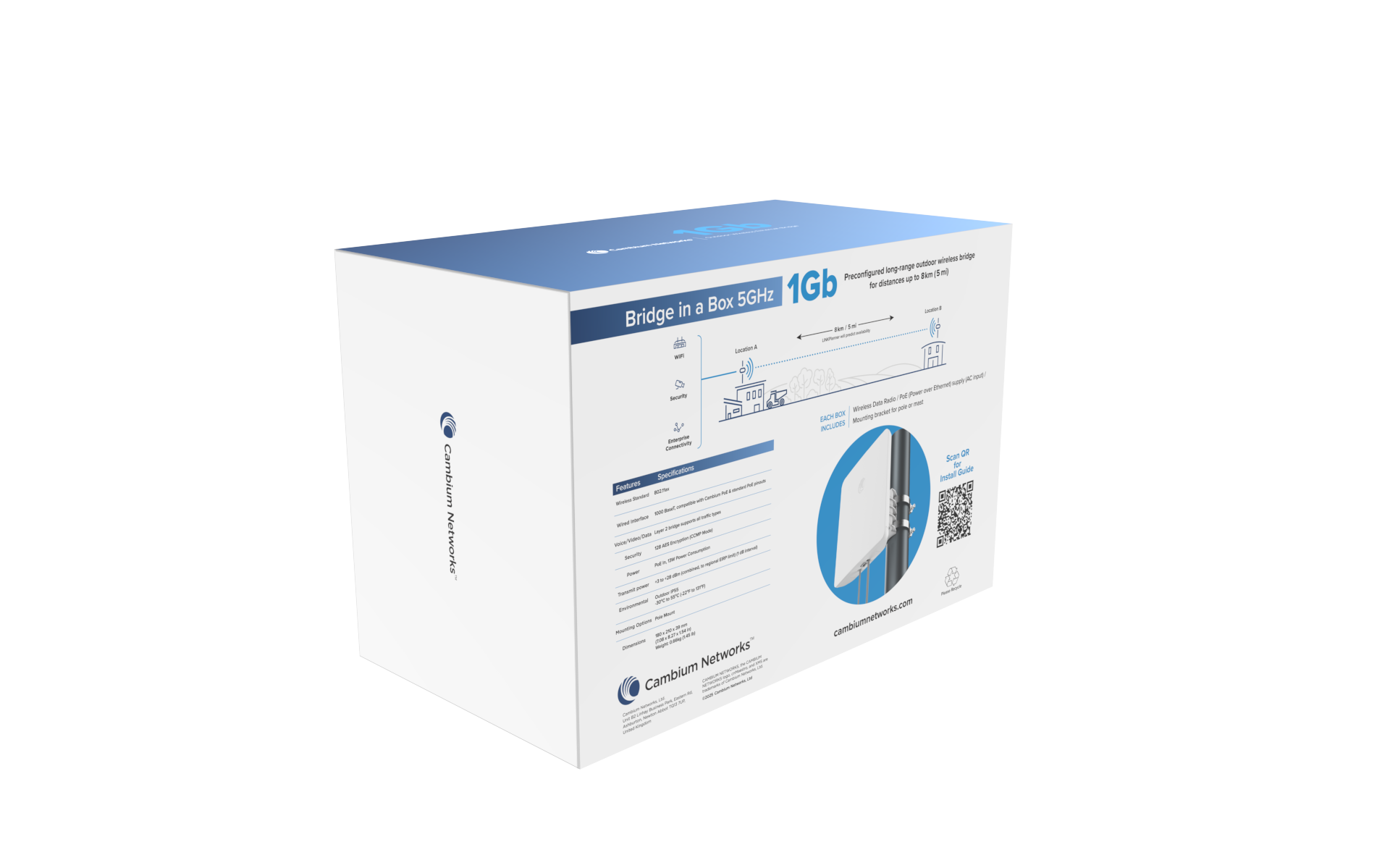 Cambium Networks ePMP Force 4518 5GHz Bridge in a Box white blue box