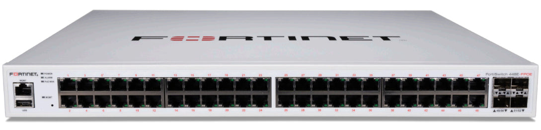 Fortinet FS-448E-FPOE | 48x GE RJ45, 4x 10GE SFP+ Uplinks, PoE+ 772W, FortiSwitch