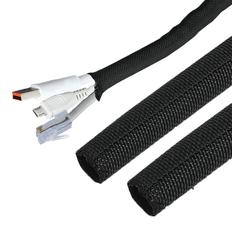 Black cable protective sleeve with a USB-C to RJ45 adapter, shown on a white background.
