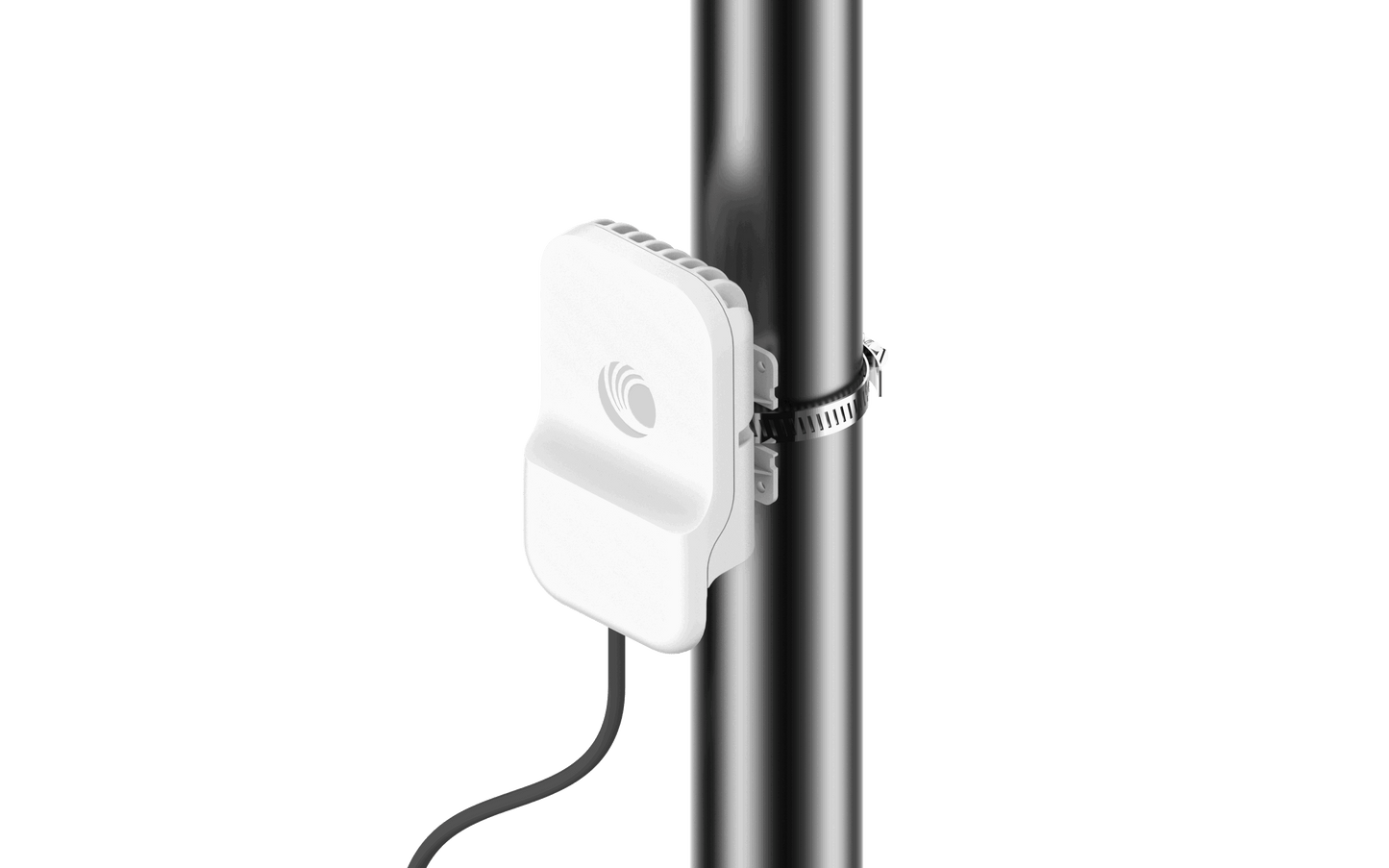 Cambium cnWave 60GHz white rectangular wireless access point mounted on pole
