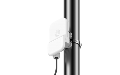 Cambium cnWave 60GHz white rectangular access point on pole clamp