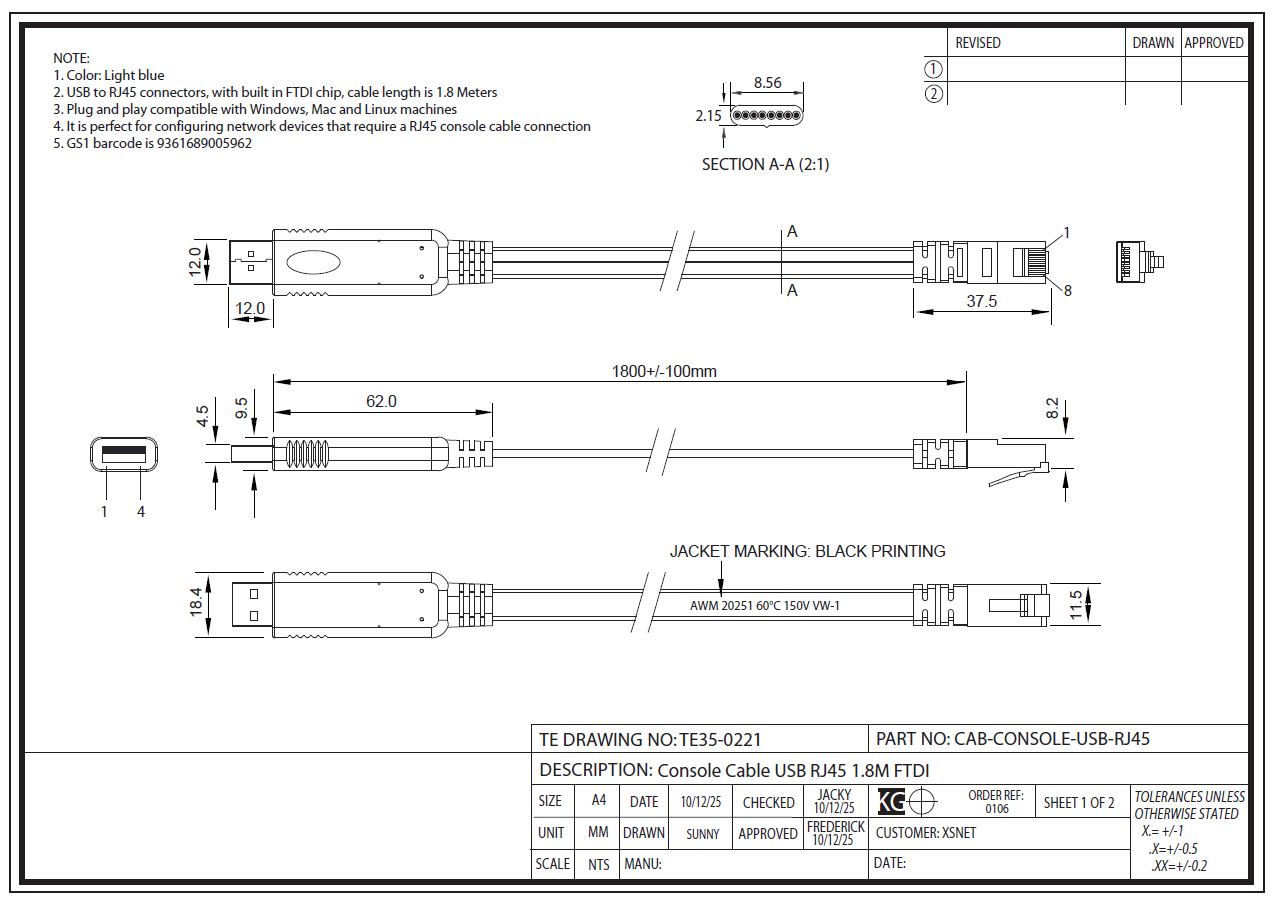 Lineas Usb Datashet Console Cable USB to RJ45 1.8M with FTDI chip – IP Trading Pty Ltd