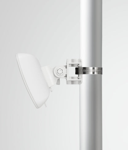 Cambium ePMP Force 300-16 white plastic bracket with metallic clamp on silver pole