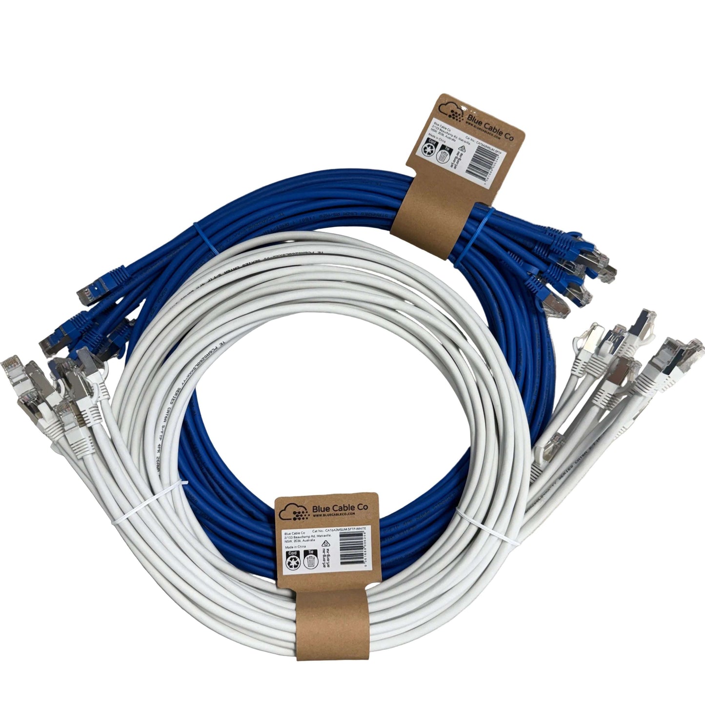 Blue and white CAT6A S/FTP slim Ethernet patch cable by Blue Cable Co
