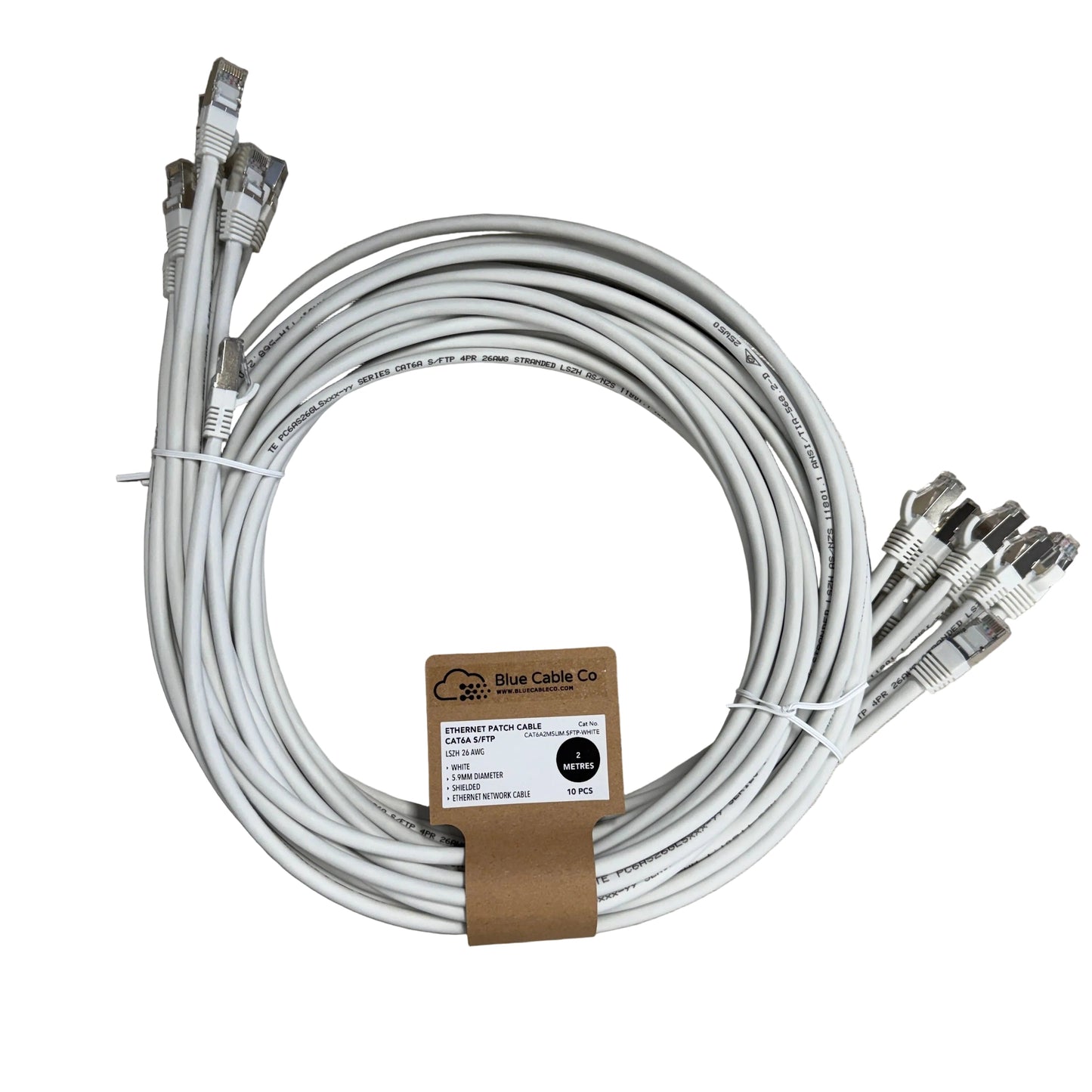 CAT6A S/FTP slim white Ethernet patch cable with gray connectors, Blue Cable Co