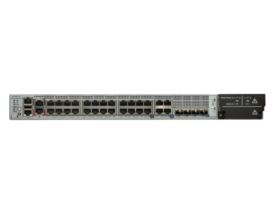 Arista ccs-710hxp-28txh-4s silver cisco catalyst 9200 series fanless network switch with multiple ethernet ports and black power supply module