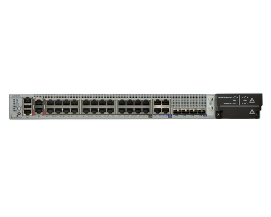 Arista ccs-710hxp-28txh-4s silver cisco catalyst 9200 series fanless network switch with multiple ethernet ports and black power supply module
