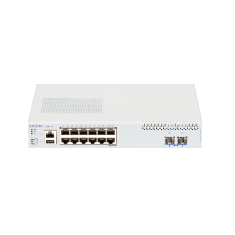 White arista ccs-710p-12 fanless network switch with 12 gigabit poe+ ports and 2x 10g sfp+ shown from back side
