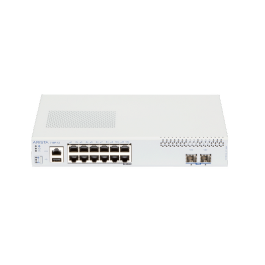 White arista ccs-710p-12 fanless network switch with 12 gigabit poe+ ports and 2x 10g sfp+ shown from back side