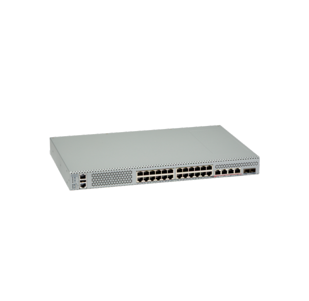 Silver metallic arista 710xp 28-port poe++ network switch with ethernet ports and ventilation grilles on sides