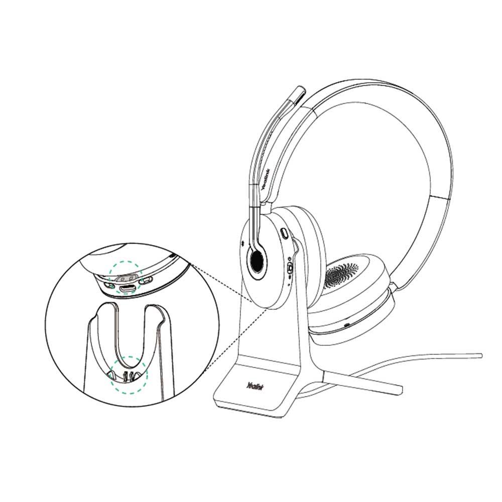 White Logitech H601 headset on Yealink CH-BH74/WH68-H charging stand
