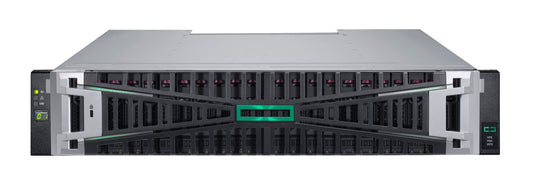Silver and black hpe msa 2070 sff gen7 storage array server rack with green illuminated panel and 24-bay controller