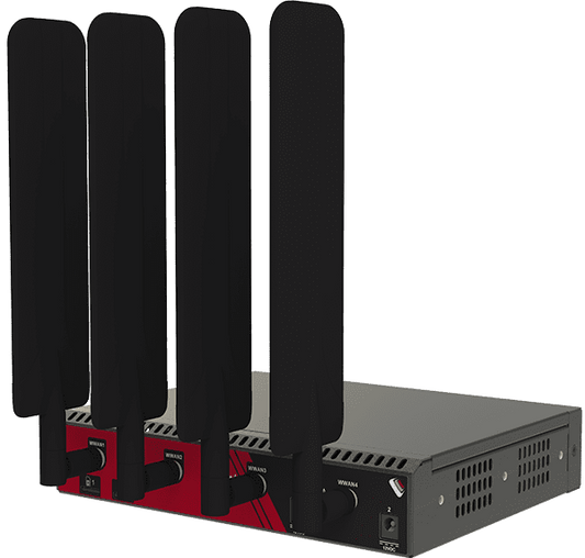 Red and black openggear cm8004-c wireless router with four tall antennas for 5g modem and console management