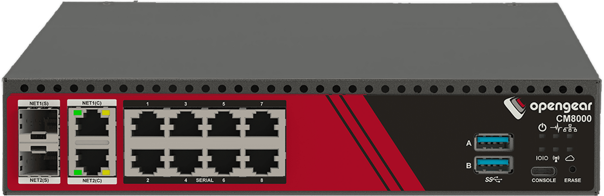 Black and red openggear cm8008-lsp console manager showing multiple ethernet ports usb connectors and indicator lights