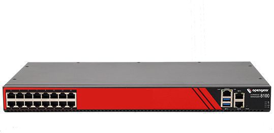 Red and black opengear b100 network switch back with 24 ethernet ports on left in opengear cm8116-lsp console manager