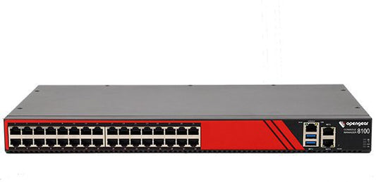 Red and black opengear s100 network switch back view showing multiple ethernet ports in cm8132 10g ddc lsp console manager